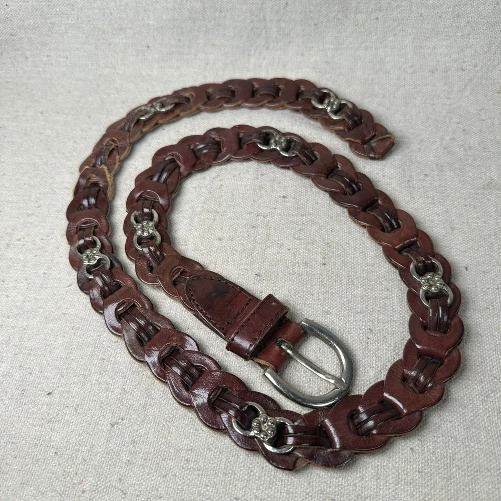 Western‎ Brown Braided Genuine Leather Belt Silver Flower Concho Accents Size SM